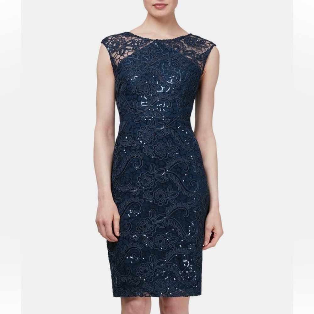Ignite Evenings Navy Blue Sequin Lace Sheath Dress Wedding Guest Like New 14